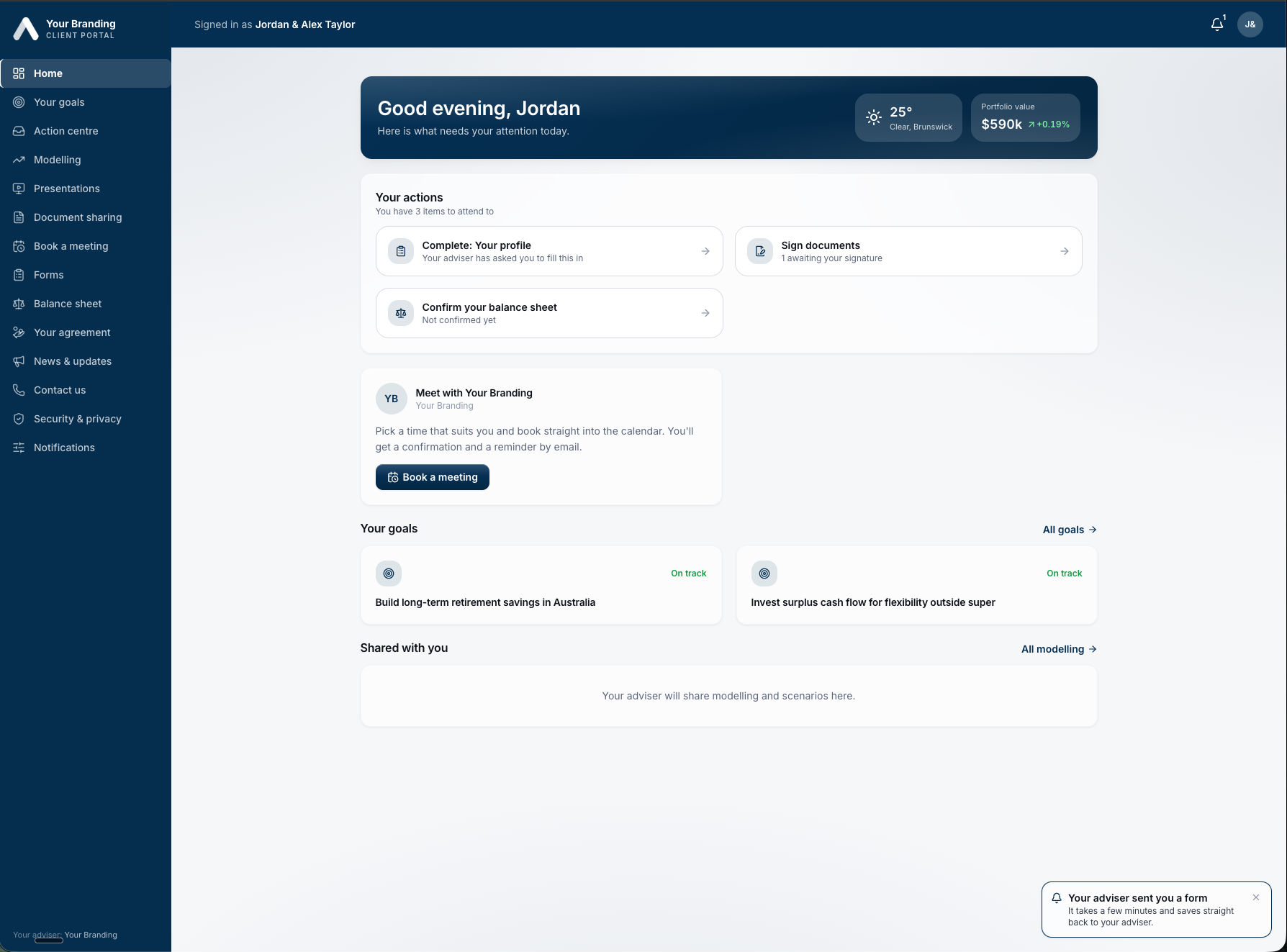 Advium client portal showing client goals, actions and meetings